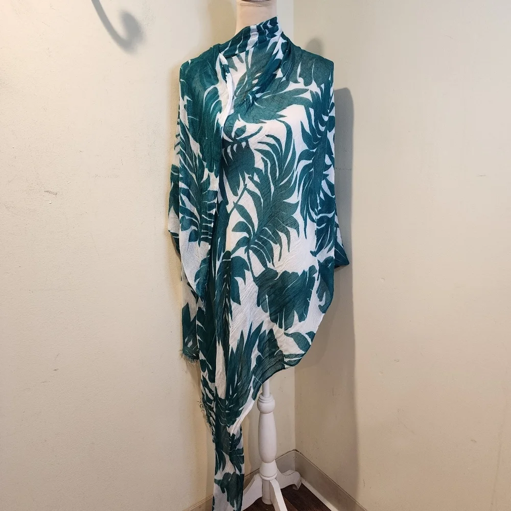 Teal and White Leaf Print Large  Scarf